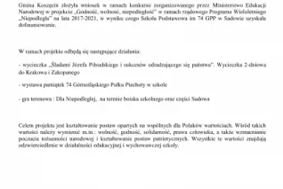 Dofinansowanie w ramach programu "Niepodległa" dla Szkoły Podstawowej im. 74 GPP w Sadowie.